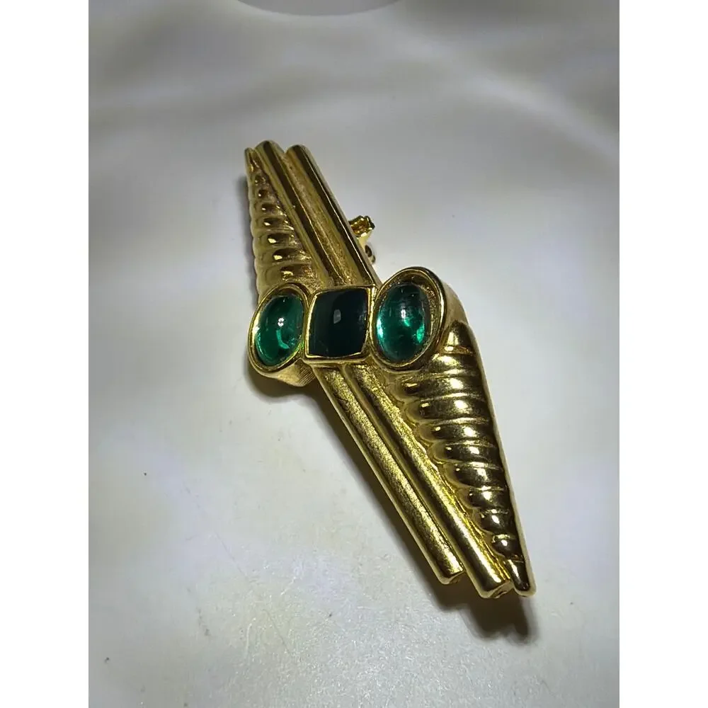 Vintage Gold Tone Green Cabochon Art Deco Modernist Brooch Geometric Pin